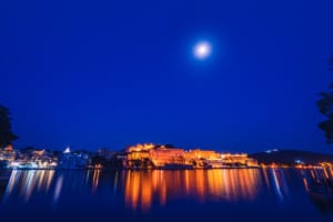 Full moon over City Palace, Ambrai Ghat, Lake Pichola